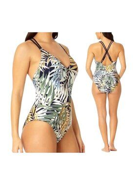 Hurley Tropical Leaf Print One-Piece Swimsuit Cross-Back Straps Women SZ XL